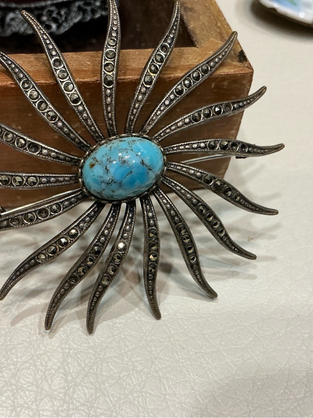 Vintage Sunburst Brooch with Turquoise Cabochon